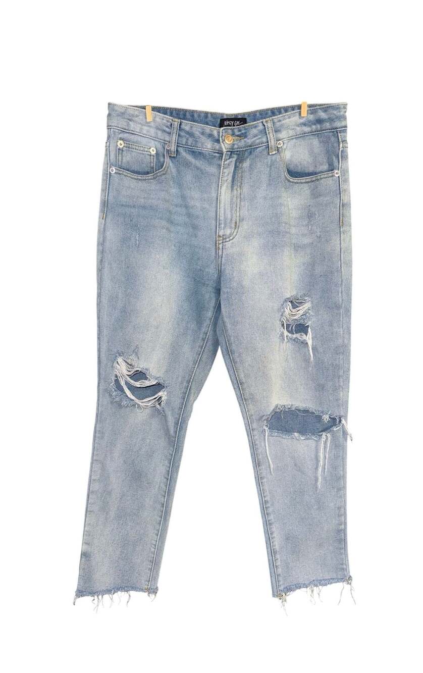Nasty Gal Light Wash Distressed Raw Hem Mom Jeans Size M 8/10